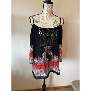 Angie Bohemian Blouse with tie and straps Lace insets Size L